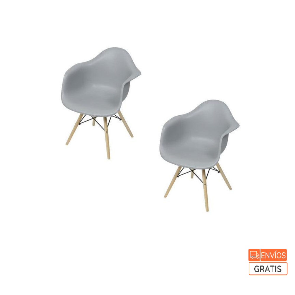 Kit Por 2 Silla Eames Con Brazos Patas En Madera   Gris